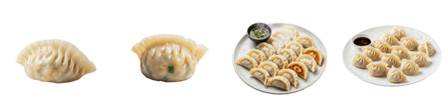 Gyoza Dumpling PNG Set, Japanese Potstickers and Chinese Dim Sum Isolated on White, Steamed and Fried Gyoza Collection, Asian Food Appetizer Clipart