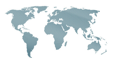 Striped world map design with continent outlines.