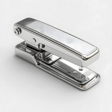 Metallic Stapler: A shiny, modern metallic stapler stands open against a backdrop, exuding a sense of efficient functionality and design aesthetic.