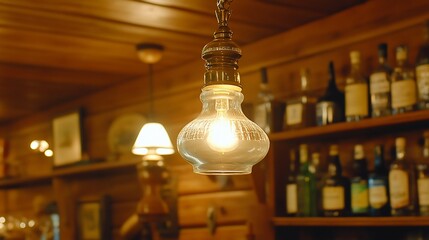 VintageStyle Bulb Illuminating a Cozy Bar Interior with Wooden Accents.
