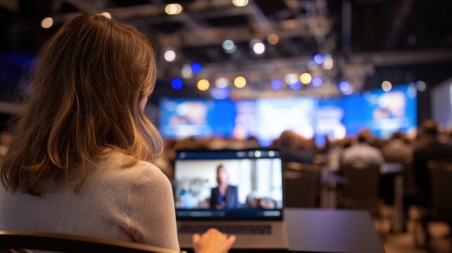 A participant watches a virtual presentation during a hybrid conference, focusing on engagement and technology.