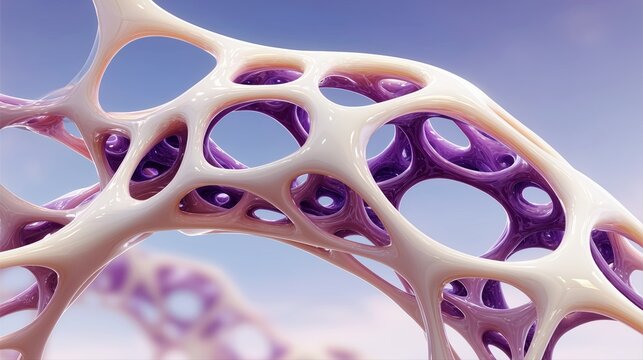 Abstract glossy porous structure with interlocking white and purple organic shapes.

