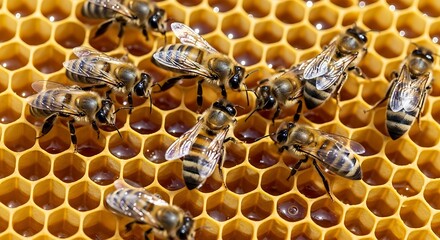 Honey bees working together on a honeycomb filled with honey on white background
