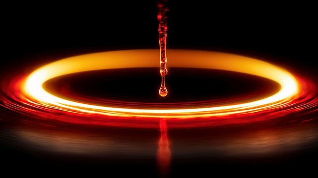 Abstract glowing orange liquid drop falling into bright circular ripples.

