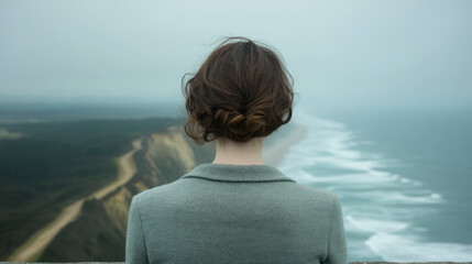 Fototapeta premium Woman from behind overlooking misty coastline