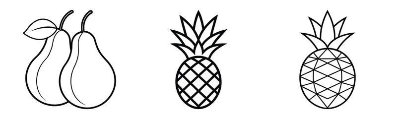Obraz premium Linear Fruit Icons Set Featuring Pear And Pineapple Vector Illustration