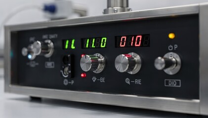 Focused angle on an analyzer panel with digital displays and control knobs capturing the detailed process of evaluating industrial gas quality in a modern laboratory.