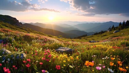 Fototapeta premium A scenic summer sunset illuminates a panoramic alpine meadow filled with spring flowers and lush green grass against a backdrop of majestic mountain peaks and soft clouds