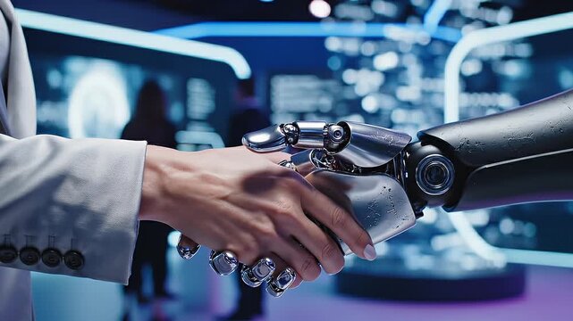 Human hand shakes robotic hand in a futuristic setting, showcasing advanced technology and interaction between human and machine in a modern environment