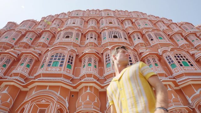 Low Angle Hawa Mahal Street View, Tourist Walking Pink City Jaipur, Cinematic Rajasthan Heritage India