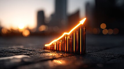 Illuminated rising bar chart with an upward arrow sits on dark ground against a city skyline at dawn