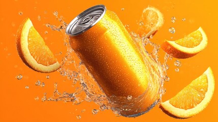 Chilled beverage can surrounded by fresh orange slices and splashing liquid motion