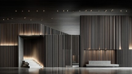 Interior space features dramatic vertical slat paneling and subtle accent lighting throughout