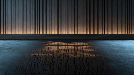 Interior space features dark vertical paneling illuminated by warm accent lighting above a reflective floor