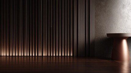 Dark interior space features vertical wood paneling illuminated from below next to a textured wall and a modern pedestal table