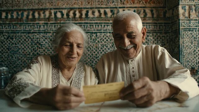 Senior Moroccan couple reading letter together. They smile holding old paper. Beautiful mosaic tile wall behind. Traditional clothing adds cultural charm. Warm moment of shared joy.