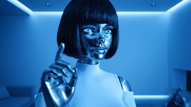 A young 3D fashion robot woman with a skull mask face and evil blue body wanders from the dark bathroom to a horror nightclub
