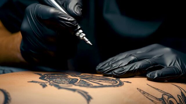 Professional Tattoo Artist Wearing Black Gloves Creating Detailed Body Art Design on Client Skin in Modern Studio Setting