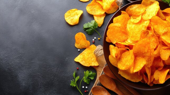 A bowl filled with golden potato chips rests on a wooden board beside various kitchen utensils against a black backdrop