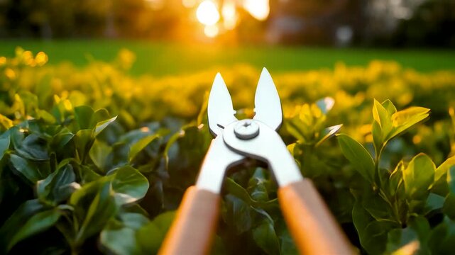 Garden pruning shears trimming fresh green leaves in warm sunset light with shallow depth of field