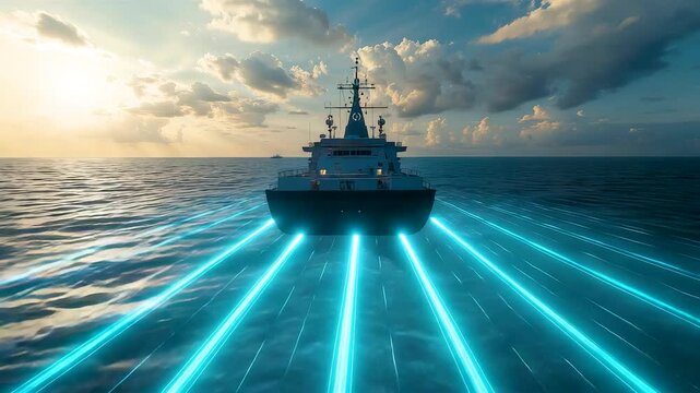 Modern naval vessel sailing over ocean with glowing blue sonar grid lines beneath hull at sunset