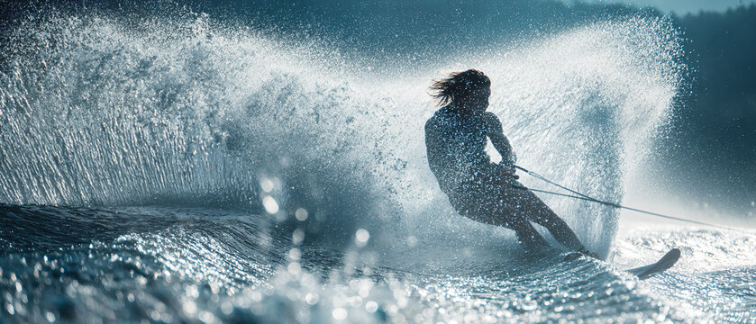 Water skier carving a sharp turn with dramatic spray on open blue water