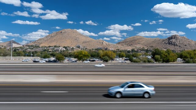 A silver SUV moves quickly along the highway while mountains blur in the background under a clear blue sky