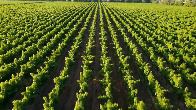 Aerial Vineyard Rows Lush Green Grape Vines, Summer Scene