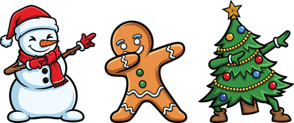 Snowman, gingerbread man, and Christmas tree cartoon characters performing playful dabbing pose in festive holiday illustration