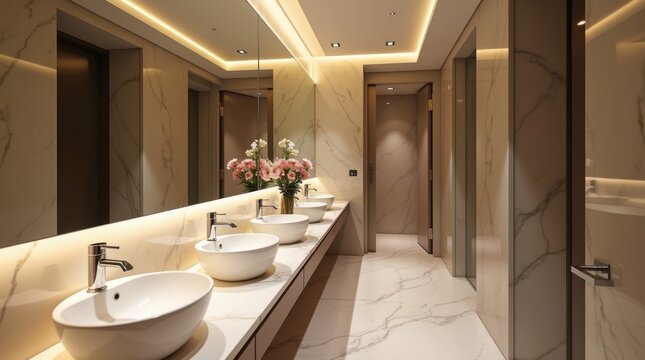 Interior de ba&ntilde;o p&uacute;blico contempor&aacute;neo con elegantes lavabos montados en la pared con elegantes grifos