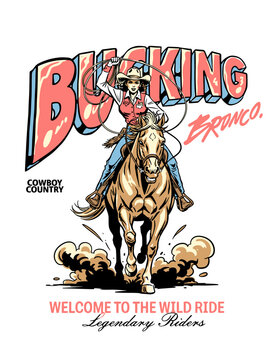 Bucking Bronco Wild West Cowgirl Riding Horse Vintage Vector Illustration for T-Shirt Design, Rodeo Poster