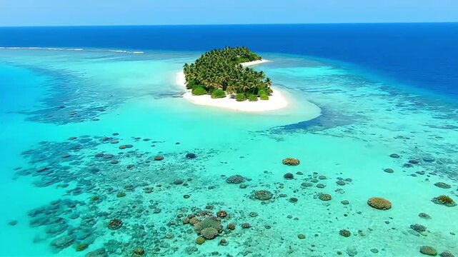 Vibrant turquoise ocean surrounds a lush green tropical island paradise with white sand beach.