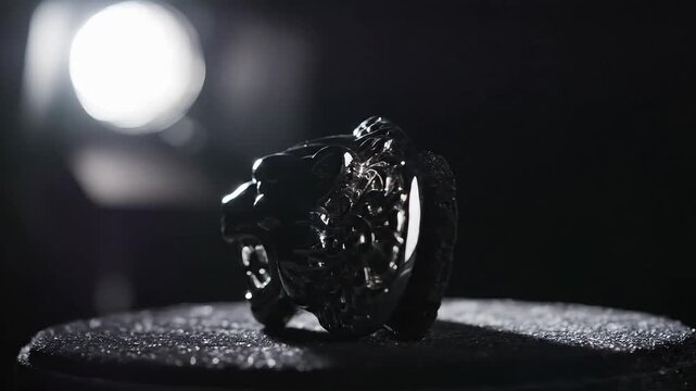 A lone ring stands prominently on a dark surface, showcasing intricate design details in a dramatic close-up view.