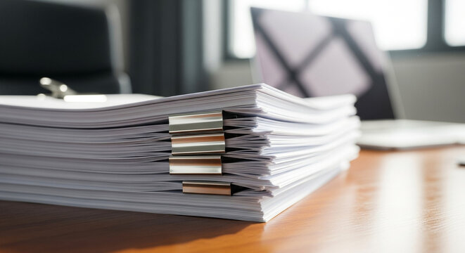 Stack of legal documents with clip on wooden desk in bright office, organization and professional workplace setting
