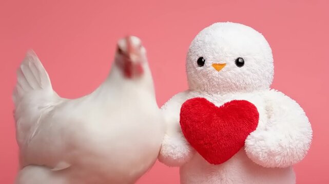 A live hen snuggles a stuffed plush toy holding a red heart. Pink backdrop adds warmth
