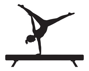 Graceful gymnast performing handstand balance on horizontal balance beam isolated on transparent background