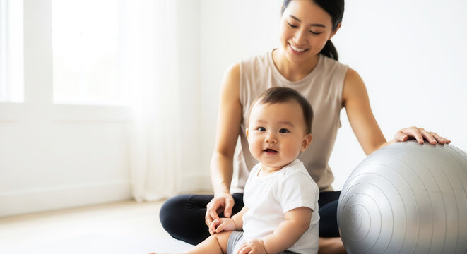 Asian infant baby sitting on yoga mat with adult woman, parent-child bonding and mindfulness in bright living room