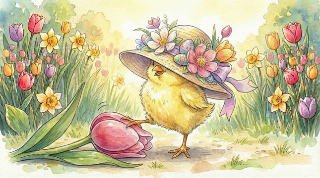 Fashionable Easter chick wearing decorated straw hat walking in spring garden with tulips