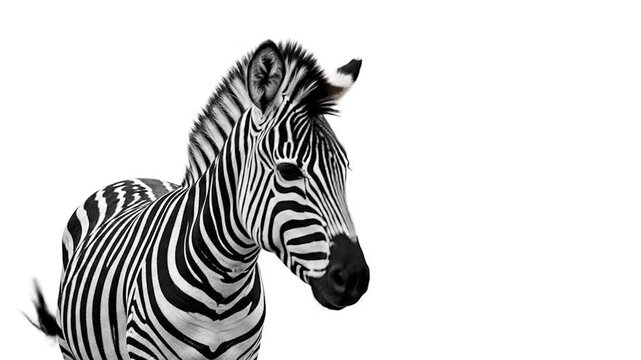 Close-up of a zebra head with black and white stripes, looking alert on an isolated white background.