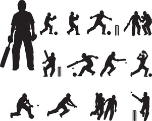 Obraz premium Set of cricket player silhouette vector illustration 