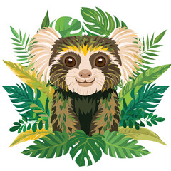 Cartoon lemur surrounded by lush tropical foliage illustration © Tatt
