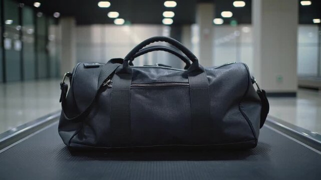 Black duffel bag on a conveyor belt in an airport terminal luggage travel