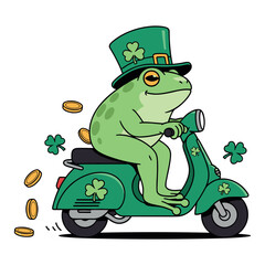 Lucky Irish Frog Winking with Beer Mug under Rainbow and Shamrocks