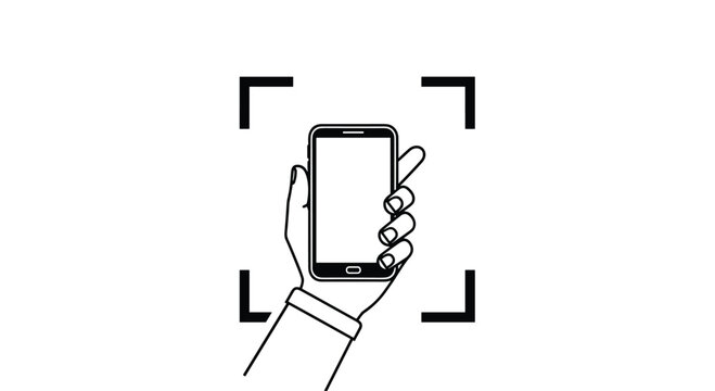 Human hand holding an older model smartphone within a camera focus frame in a black and white line art style.