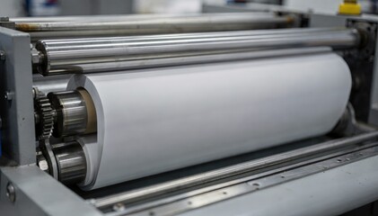 Focused view on mattefinished retail catalogs moving through intricate press rollers soft focus on the surrounding printroom environment.