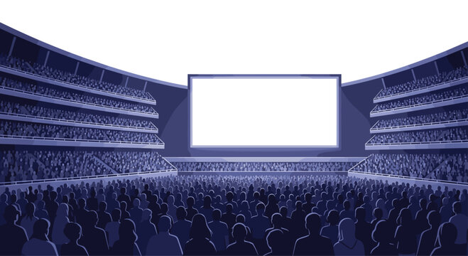 A wide view of a large sports stadium filled with an audience of dark silhouettes facing a prominent blank screen.