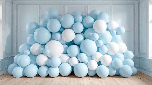 Pile of White and Light Blue Balloons Filling Minimal Room with Soft Natural Light and Clean Modern Interior