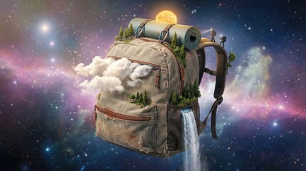 Floating backpack with tiny forest, clouds and waterfall in outer space, surreal adventure scene, fantasy travel, imagination concept, cosmic landscape.