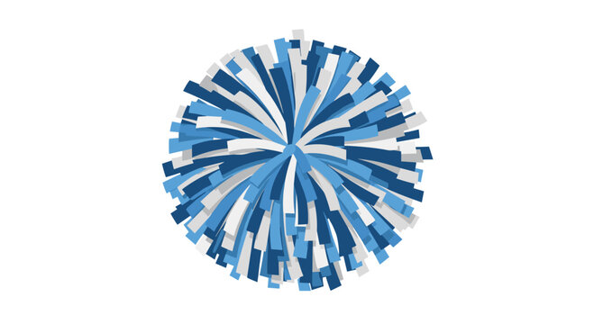 A festive blue and white pom pom with numerous streamers radiating outwards, symbolizing cheer and celebration on a white background.