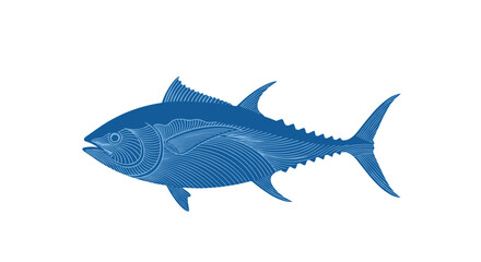 Obraz premium An intricate blue line art illustration depicts a tuna fish in profile, highlighting detailed scales and fins.